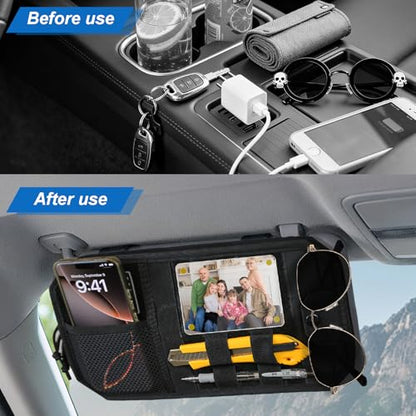 Car Sun Visor Organizer,Truck Accessories with Photo Frame & Zippered Pocket, Universal Visor Organizer Bag with Acrylic Window, Fits Most Cars for Storage