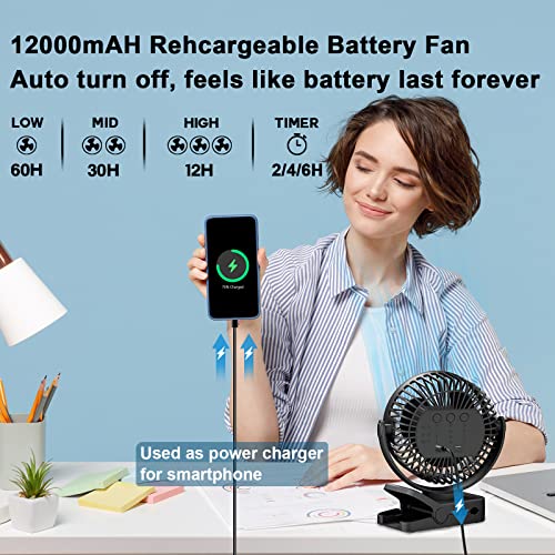 Portable Fan with Remote Control & Timer & LED Lights, 60hrs 12000mAh USB Rechargeable Battery，Clamp/Hanging/Stand Up, Small Clip on Fan for Baby Stroller, Bed, Desk, Camping Tent, Travel - size: 5 inch