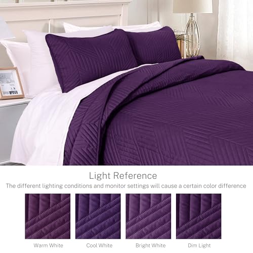 Exclusivo Mezcla Ultrasonic Twin Quilt Bedding Set, Lightweight Deep Purple Bedspreads Soft Modern Geometric Coverlet Set for All Seasons (1 Quilt and 1 Pillow Sham) - color: Deep Purple, size: Twin (68"x88")