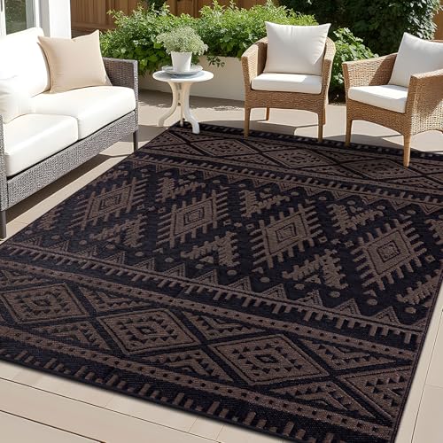 OLANLY Outdoor Rug Waterproof 8x10 ft, Reversible Outdoor Plastic Straw Rug, Boho Patio Rug, Indoor Outdoor Carpet, RV Mat Outside for Patio, Camp, Picnic, Balcony, Deck, Backyard, Black & Brown - color: Black & Brown, size: 8' X 10' (Rectangular)