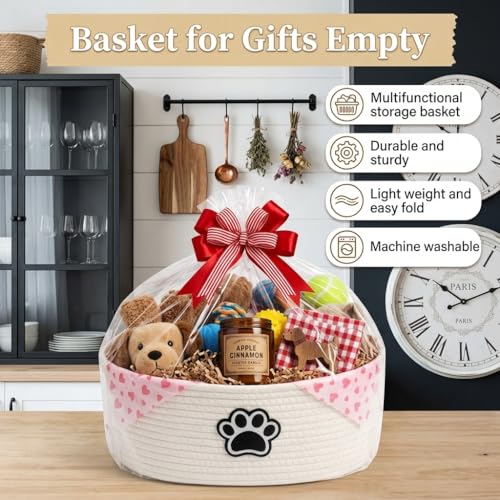 Woven Basket,Dog Toys Basket with Handle,Cute Cotton Gift Baskets Empty for Puppy Leash,Blanket Food, Accessories Pet and Household Storing - color: White