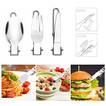 Odoland Camping Cookware Stove Carabiner Canister Stand Tripod and Stainless Steel Cup, Tank Bracket, Fork Spoon Kit for Backpacking, Outdoor Camping Hiking and Picnic - color: Green
