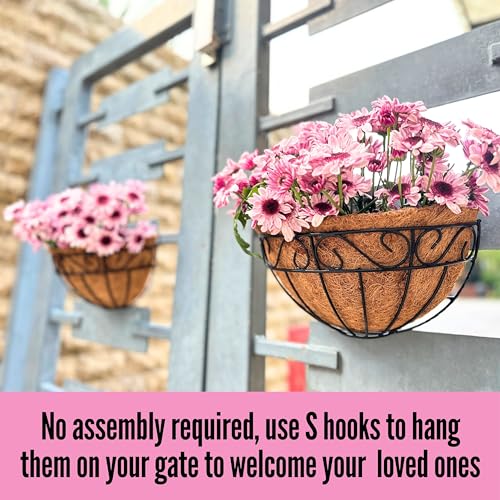 LaLaGreen Wall Hanging Planter, 2 Pack, 12 Inch Wall Mounted Flower Basket with Coco Liner for Outdoor Plants, Black Metal Wire Rail Herb Pot Holder Fence Railing Deck Porch Balcony Garden Patio Decor - size: 12" (30.5cm) x 2 Pack