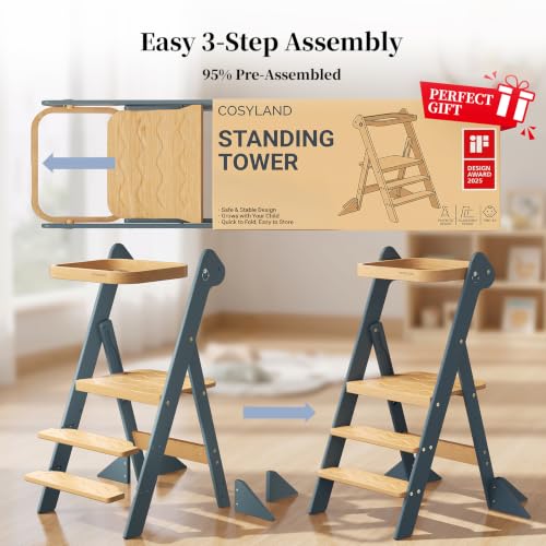 COSYLAND Foldi Foldable Toddler Kitchen Stool - Adjustable Height Toddler Standing Tower with Net & Safety Feet, IF Award-Winning Wooden Learning Step Tower for 18M-6Y, Slate Blue & Natural - color: Slate Blue & Natural