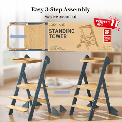 COSYLAND Foldi Foldable Toddler Kitchen Stool - Adjustable Height Toddler Standing Tower with Net & Safety Feet, IF Award-Winning Wooden Learning Step Tower for 18M-6Y, Slate Blue & Natural - color: Slate Blue & Natural