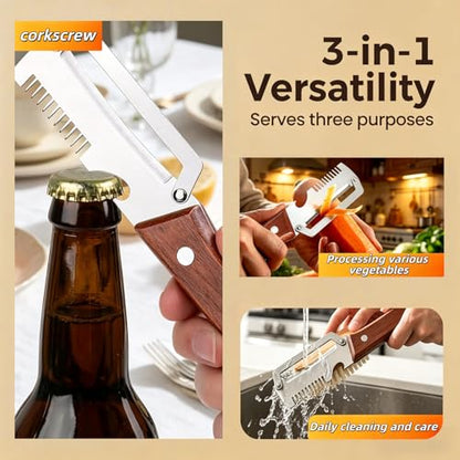 NEW Premium Vegetable Peeler with Wooden Handle and Bottle Opener: 2-in-1 Stainless Steel Kitchen Tool for Fruit Apple Potato Pumpkin Papaya (1Pack) - color: 1Pack