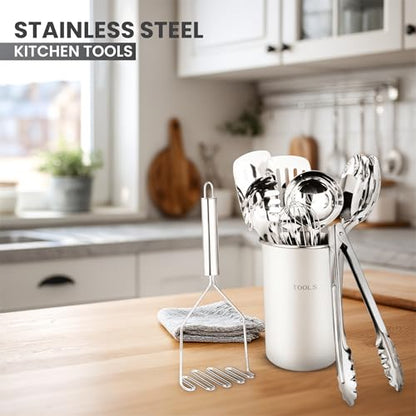 Avador® Premium Set of 10 Stainless Steel (WHITE HOLDER) Kitchen Tool Set with Holder Easy To Clean, Space Saving, Great for Cooking, Baking, Prepping (WHITE) - color: White