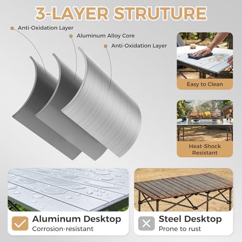 KingCamp Aluminum Camping Table Foldable, Large 53.5" Roll Up Camp Table Folding Seamless Tabletop Heavy Duty Duck Hunting Camping Tables Metal Portable Outdoor Collapsible for RV BBQ Picnic Hunting - color: Silver/Black - 53.5"×27.5", style: Extra Large