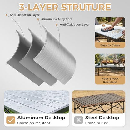 KingCamp Aluminum Camping Table Foldable, Large 53.5" Roll Up Camp Table Folding Seamless Tabletop Heavy Duty Duck Hunting Camping Tables Metal Portable Outdoor Collapsible for RV BBQ Picnic Hunting - color: Silver/Black - 53.5"×27.5", style: Extra Large