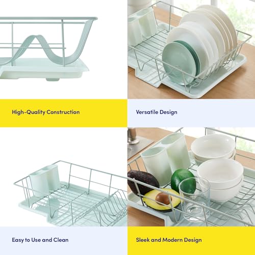 Sweet Home Collection Space-Saving 3-Piece Dish Drainer Rack Set: Efficient Kitchen Organizer for Quick Drying and Storage - Includes Cutlery Holder and Drainboard - Maximize Countertop Space, Mint - color: Mint