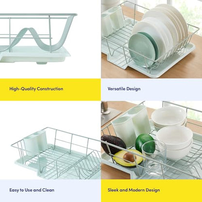 Sweet Home Collection Space-Saving 3-Piece Dish Drainer Rack Set: Efficient Kitchen Organizer for Quick Drying and Storage - Includes Cutlery Holder and Drainboard - Maximize Countertop Space, Mint - color: Mint