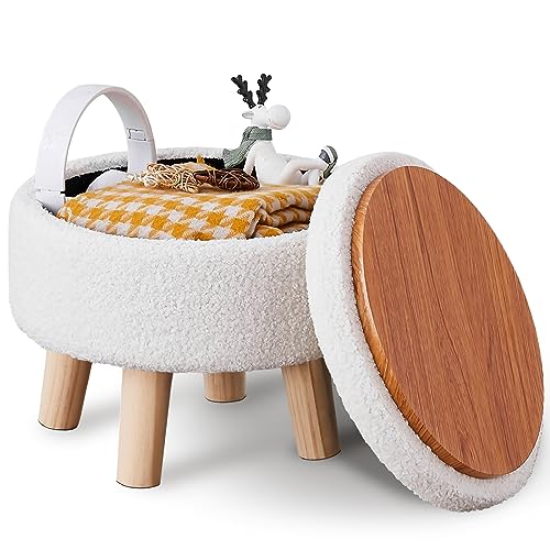 Wimarsbon Storage Ottoman, Modern Round Footrest with Soft Padded Seat, Teddy Velvet Footstool with Wood Legs, Accent Small Table or Plant Stand for Hallway, Living Room (Cream) - color: Cream