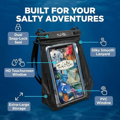 Salt Life Large Waterproof Phone Pouch Bag – IPX8 100% Waterproof Protection, Extra Storage Phone Dry Bag with Touchscreen Clear Window, Secure Seal Closure & Lanyard for Beach & Water Sports - color: Black