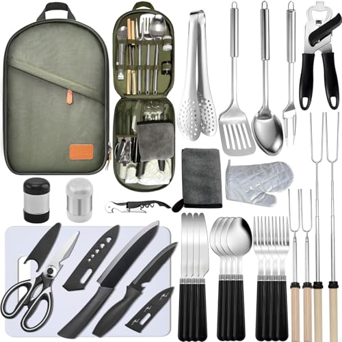 Camping Cooking Utensils Set - Camping Utensil Set Car Camping Cooking Essentials Gear for Camp Kitchen Cooking and Grilling, Stainless Steel & Silicone Ideal Gift for RV Tent Camper - color: Green-31Pcs