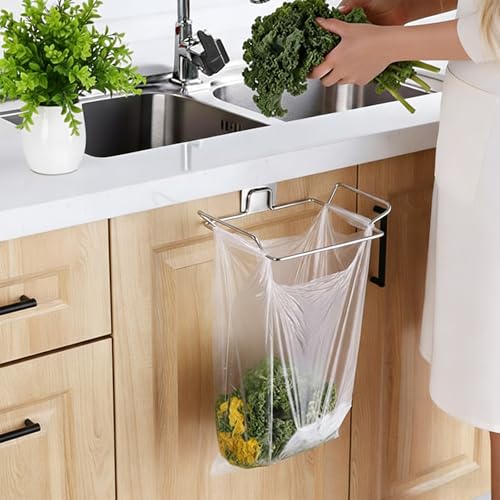 Trash Bag Holder, Stainless Steel Garbage Bag Holder Portable Under Sink Bag Hanger for Kitchen Cabinet Doors Bathroom