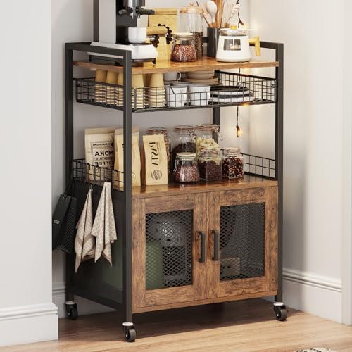 Hencawima Coffee Bar Cabinet, 3 Tier Coffee Station Table on Wheels, 35.9" H Bar Cart with Wire Basket Drawer & 5 Hooks for Home Kitchen, Liquor Buffet Sideboard Cabinet (Rustic Brown) - size: X-Large