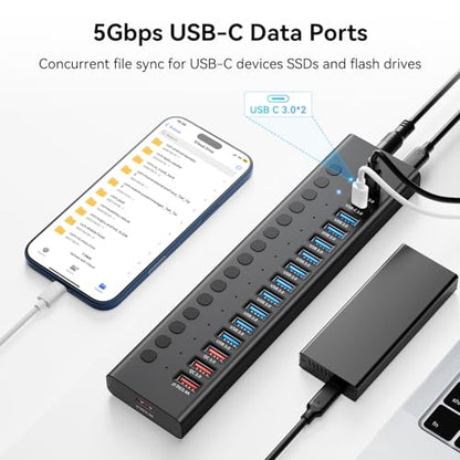 Powered USB Hub, AGEEN 16-Port USB 3.0 Hub (10 USB-A 3.0+2 QC 24W Fast Charging+2 Smart Charging+2 USB-C 3.0 Ports), 12V/8A 96W UL Certified Power Adapter for PC, Laptop, HDD, Flash Drive (16-Port) - size: 16-Port