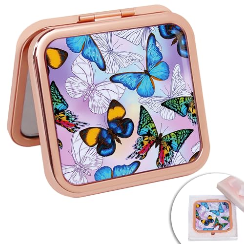Compact Mirror for Purse, Double-Sided 1X/2X Magnifying Metal Pocket Makeup Mirrors(Square, Rose Gold Butterfly) - color: Rose Gold 14