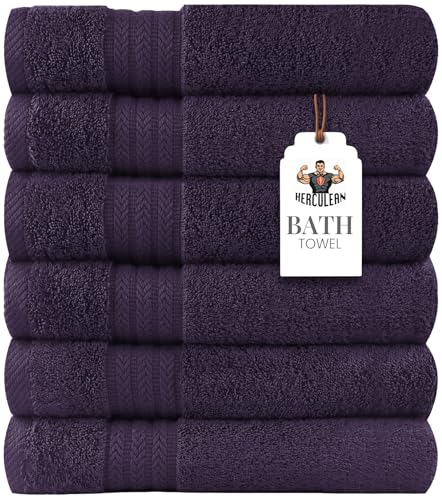HERCULEAN Large Bath Towels 24 x 50 Pack of 6 | Quick Dry and Highly Absorbent | 100% Cotton Terry Towels for Bathroom - Perfect for Shower - Pool and Spa - Luxury Soft Towels - Plum - color: Plum, size: 24" x 50" PK 6
