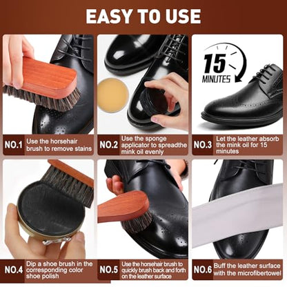 TUXIYA 15pcs Shoe Shine Kit, Shoe Polish Kit, Leather Boot Care Kit, with Horsehair Brush&Wooden Applicator – Portable Travel Shoe Polish Kit for Brown/Black/Neutral Shoes