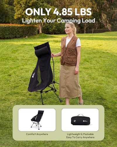 MOBI GARDEN High Back Camping Chair, 400lb Heavy Duty Portable Folding Chair with Adjustable Headrest, Ultralight Moon Chair with Universal Anti-Sinking Feet and Side Pocket for Beach, Hiking, Picnic