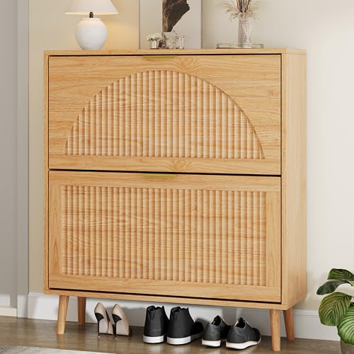 Shoe Storage Cabinet with 2 Flip Drawers, Narrow Wood Shoe Organizer Cabinet with Fluted Panel, Slim Shoe Rack for Entryway, Freestanding Shoe Cabinet for Living Room, Hallway, Wood Color - color: Nature Oak, size: 2-Drawers