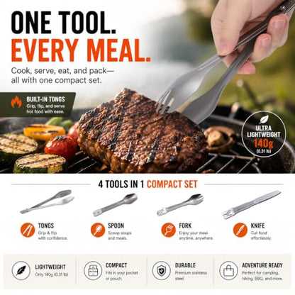 Camping Cooking Utensils with Built-in Tongs, 4-in-1 Camping Utensil Set, Spoon, Fork & Knife in One, Compact Stainless Steel Flatware for Camping, Backpacking, Hiking, Picnic, RV & Travel (1-Pack)