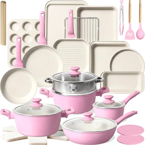 Kikcoin Pots and Pans Set Non Stick 31 Piece Kitchen Nonstick Cooking Cookware Sets with Grill Pan Saucepan Baking Sheet Utensil, Pink - color: Pink&White