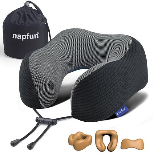 napfun Neck Pillow for Traveling, Upgraded Travel Neck Pillow for Airplane 100% Pure Memory Foam Travel Pillow for Flight Headrest Sleep, Portable Plane Accessories, Charcoal Black - color: Charcoal Black