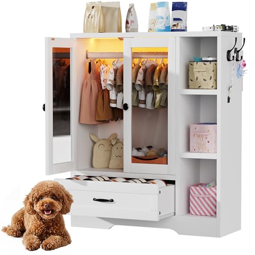 kepptory Large Pet Wardrobe Closet with LED Light, 3 Tiers Storage Shelves & Drawer, White Pet Clothes Organizer Cabinet with Hanging Rod, Multi-Functional Pet Closet for Dogs & Cats Clothing, Toys - color: Off-white
