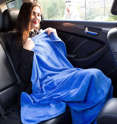 BlueHills Travel Blanket Pillow in Mini Soft Case Premium Plush Airplane Blanket in Soft Bag Compact Pack with Luggage Belt and Backpack Clip Car Portable Cozy Traveling Accessories - Royal Blue M07 - color: Royal-m07