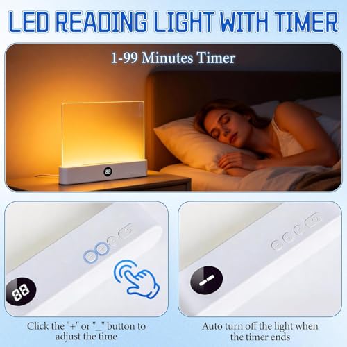 Smart Flat Book Light, Rechargeable Clear LED Reading Lamp with 3 Colors & Timer, 99% Light Transmittance Dimmable Full Page Panel Plate Lamp, Ultra-Clear Transparent Panel Night Reading Lights