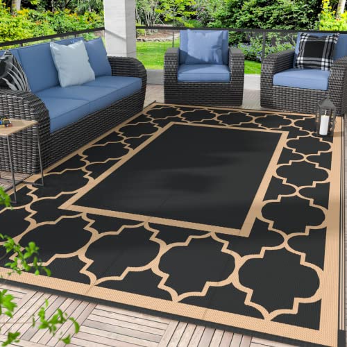 GENIMO Outdoor Rug 9' x 12' Patio Waterproof, Foldable Reversible Plastic Straw Area Rugs Mat for Camper Decor, Outside Carpet for Rv, Deck, Porch, Picnic, Beach, Balcony, Black & Brown - color: Black&brown, size: 9' x 12' (Rectangular)