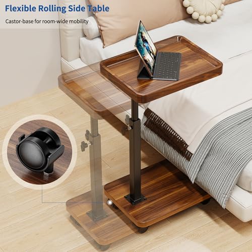 C Table End Table Adjustable Height, 360°Swivel TV Tray Table for Small Spaces, Side Tables with Wheels for Living Room and Bedroom, Bed (Walnut) - color: Walnut-height Adjustable