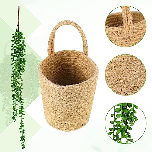 Umigy 2 Pack Wall Hanging Rope Baskets with 4 Pcs Faux Strings of Pearls Plant Jute Hanging Basket with Artificial Succulents for Porch Living Room Bedroom Entryway Patio Outdoor Decoration