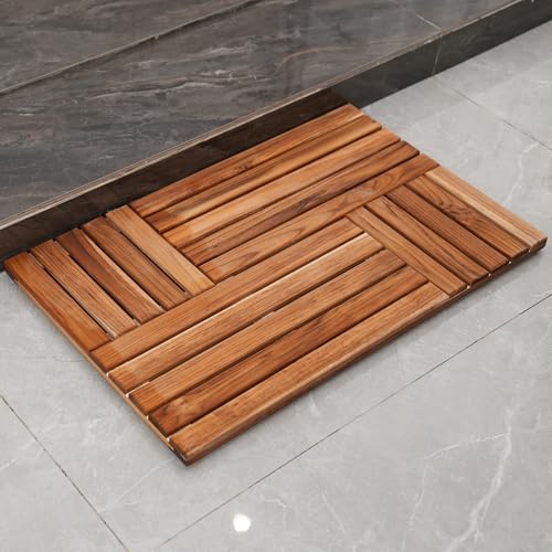 Utoplike Teak Wood Bath Mat, 32 x 20 inch Large Wooden Shower Mat for Bathroom, Non Slip Wood Floor Sturdy Mat for Inside Shower Luxury Spa Home or Outdoor - size: 32" x 20" (Rectangular)