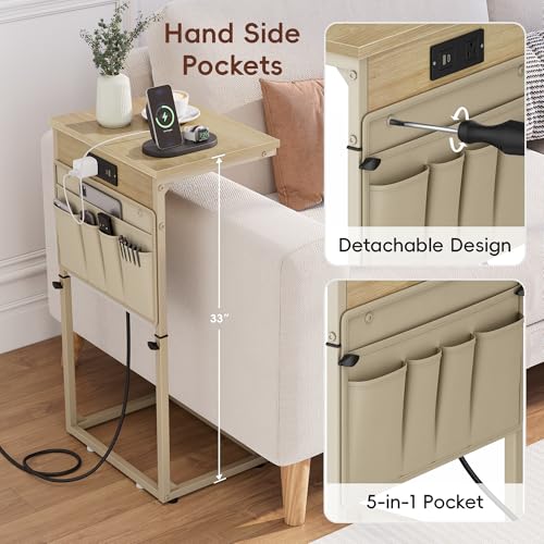 Vagusicc C-Shaped End Table with Charging Station, Small Side Table for Couch, 33" Tall C Table Adjustable Height Side Table, Couch Tables that Slide Under, Sofa Table TV Tray for Living Room, Natural - color: 1pc Natural Walnut
