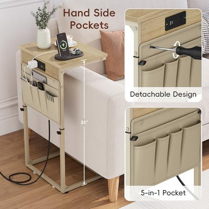 Vagusicc C-Shaped End Table with Charging Station, Small Side Table for Couch, 33" Tall C Table Adjustable Height Side Table, Couch Tables that Slide Under, Sofa Table TV Tray for Living Room, Natural - color: 1pc Natural Walnut