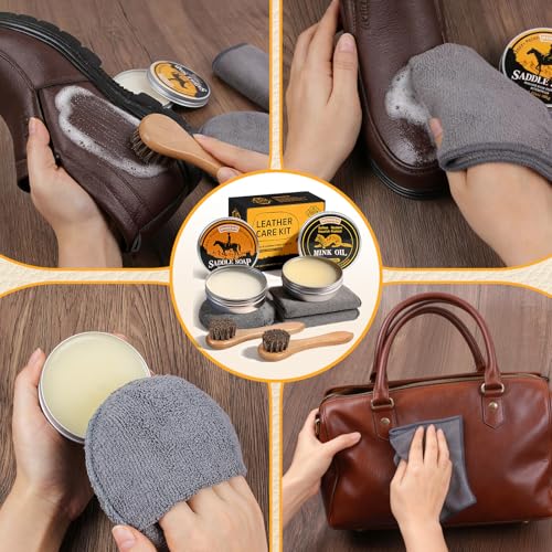 Nuroon Leather Boots Care Kit-3.52oz Saddle Soap+3.52oz Mink Oil for Leather Shoes Cleaning and Leather Purse Shoes Polishing - style: 7 Pieces