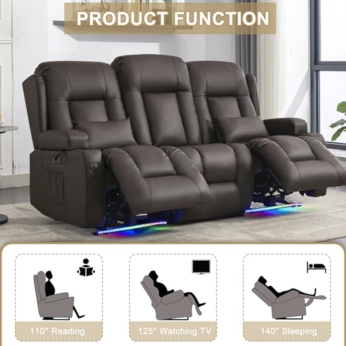 URRED Power Loveseat Recliner Sofa with Massage and Heat, Wall Hugger Reclining Loveseat with Console, RV Couch Home Theater Seating with LED Lights for Living Room (Dark Brown, 76.8" - 3 Seats) - color: Dark Brown, size: 76.8" - 3 Seats