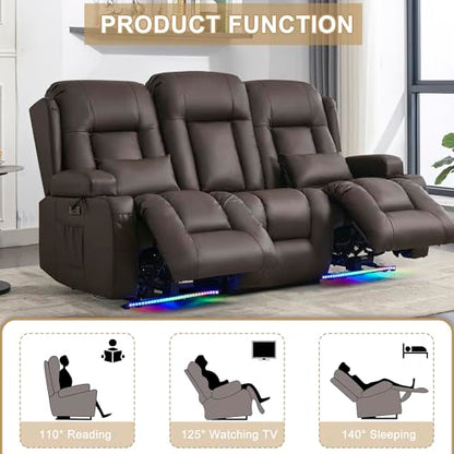 URRED Power Loveseat Recliner Sofa with Massage and Heat, Wall Hugger Reclining Loveseat with Console, RV Couch Home Theater Seating with LED Lights for Living Room (Dark Brown, 76.8" - 3 Seats) - color: Dark Brown, size: 76.8" - 3 Seats