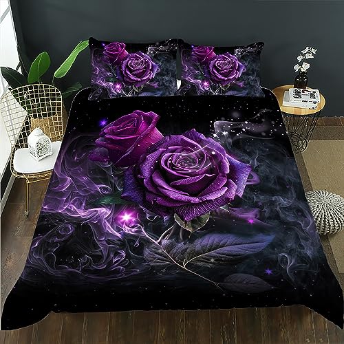 AILONEN Purple Rose Duvet Cover King Size, 3D Oil Painting Purple Rose Bedding Set for Girls Teens,Romantic Flowers Comforter Cover 3PCS,1 Quilt Cover + 2 Pillowcases,Soft Microfibre - color: Rose51, size: King