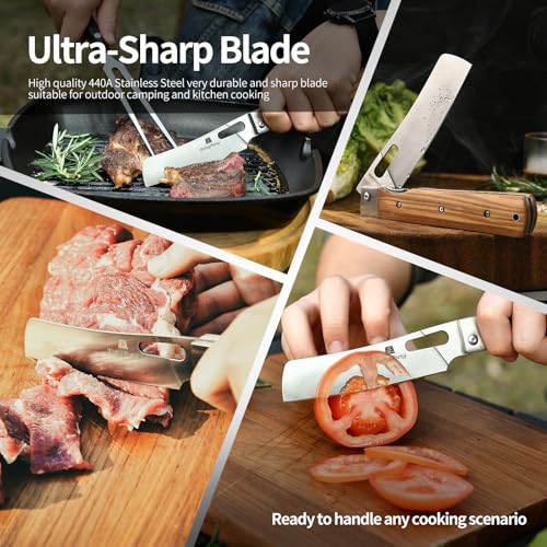 ZhengSheng Folding Chef Knife with Leather Pouch 4.8” Sharp 440A Stainless Steel Blade Olive Handle Pocket Foldable Japanese Style Kitchen Knife for Outdoor Camping BBQ trip Cooking. - color: #3 Natural Olive Handle - Leather Pouch