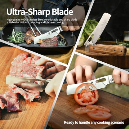 ZhengSheng Folding Chef Knife with Leather Pouch 4.8” Sharp 440A Stainless Steel Blade Olive Handle Pocket Foldable Japanese Style Kitchen Knife for Outdoor Camping BBQ trip Cooking. - color: #3 Natural Olive Handle - Leather Pouch