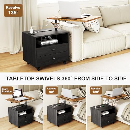 Bedroom Nightstand with Drawers & Charging Station, Adjustable Height Bedside Table with Wheels, Wooden Small Sofa Side Tables with Storage for Living Room, Black Brown - color: [A3] Black & Brown