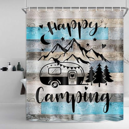 RV Shower Curtain for Bathroom, Happy Camping Shower Curtain Blue Gray Barn Door Bathroom Curtains, Rustic Wood Bath Curtain Decor Waterproof Travel Camping Shower Curtain Set with 12 Hooks 69X78 Inch - size: 69"W x 78"L (Pack of 1)