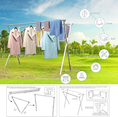 Clothes Drying Rack Folding Indoor Outdoor, Foldable Portable Laundry Drying Rack, Heavy Duty Laundry Hanger Dryer Rack with 20 Hooks - size: 65.55 inches