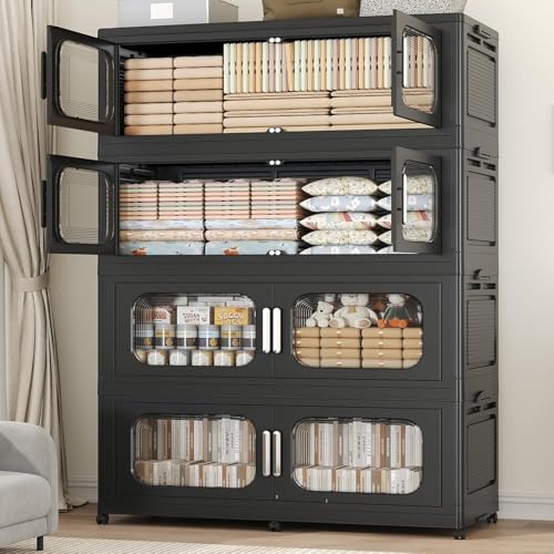 200Gal Exra Large Stackable Storage Bins with Lid, 800QT Collapsible Storage Box with 6x Wheels, Folding Plastic Cabinet Container with Door Drawer for Home Kitchen Office Dorm, 4Pack Black - color: Black, size: 210Gal-4Pack