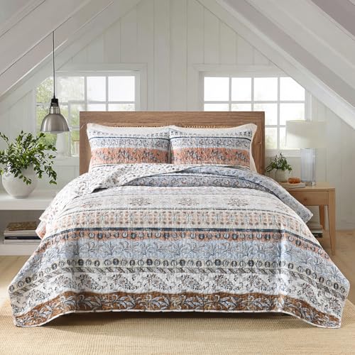 Boho Style King Quilt Set Mocha Brown Bohemian Floral Strip Quilt Beddding Set, Soft and Lightweight Bedspread for All Season, Oversize King Bed Coverlet with 2 Matching Pillow Shams (3 Pieces) - color: Mocha Brown, size: King