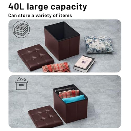 Bsketa Storage Ottoman Foot Rest Stool, Small Leather Storage Ottomans Bench, Folding Footstool with Side Pockets, Foot Rest Under Desk for Living Room Bedroom, 16x12x12 in, Brown 2 Pack - color: Brown 2 Pack-with Side Pockets.